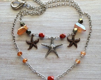 Starfish Necklace, Healing Crystals, Red Gemstone, Peach Quartz, Quartz Points, Starfish Charm, Gemstone Gift, Sea inspired, Silver