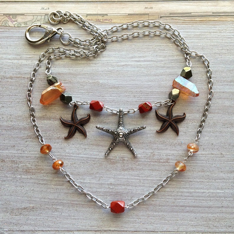 Starfish Necklace Healing Crystals Beaded Starfish Peach image 0