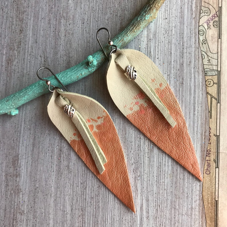 Peach Dipped Leaf Long Leather Earrings HYPOALLERGENIC image 0