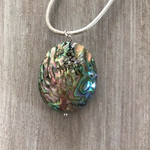 Natural Abalone Shell Necklace, White Leather Cord, Rainbow, Double Sided, Paua Shell, Abalone Pendant image 1