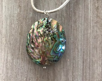Natural Abalone Shell Necklace, White Leather Cord, Rainbow, Double Sided, Paua Shell, Abalone Pendant
