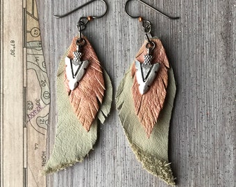 Layered Leather Feather Earrings in Rose Gold. Arrowhead Charm, Hypoallergenic