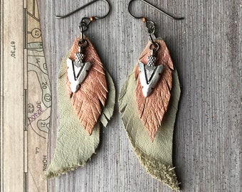 Layered feather earrings, Hypoallergenic earrings, Rose Gold Painted, arrow head, allergy free ear wire, Southwest style, MeyerClarkCreative