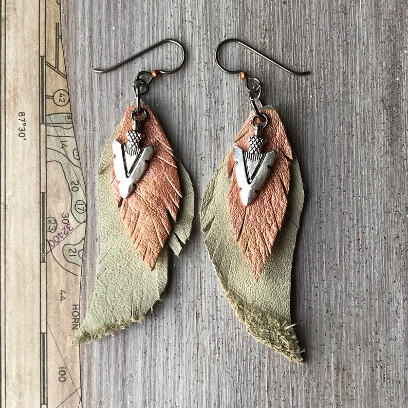 Rose gold Metallic painted leather feather earrings with image 0