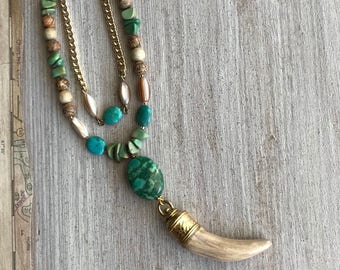 Tusk Pendant Necklace: Turquoise, Jasper, Gold Chain, Boho Jewelry