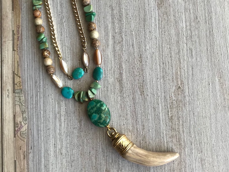 Tusk Necklace Boho Necklace Semi-Precious Beads Turquoise image 0