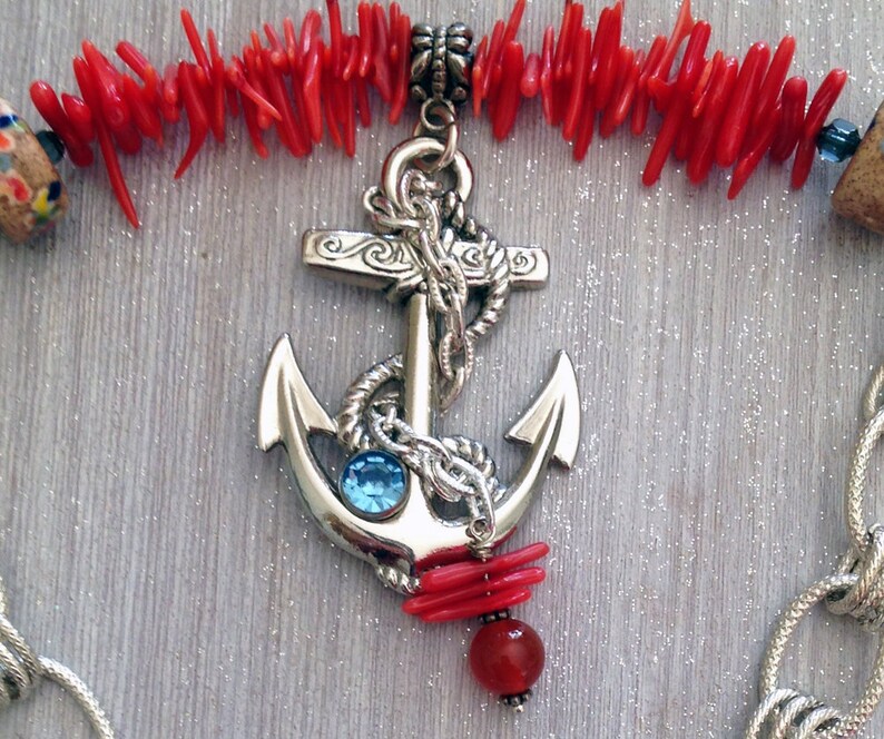 Anchor Necklace Big Anchor Pendant Red Coral Fingers Large Etsy