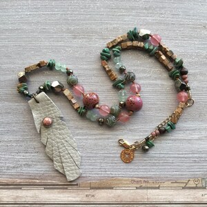 Leather Feather, Hand-Knotted Necklace, New Tribal Style, Natural Turquoise, Natural Materials, and Pink Quartz. image 2