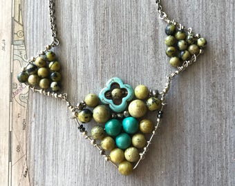 Chevron Necklace, Genuine Turquoise Beads, Brown Jasper, Yellow Turquoise, Unique Jewelry gift, Three Triangles, Upscale, Geometric Pendant