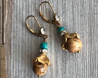 Gold Filled Turquoise Dangle Earrings: Jasper & Swarovski Crystals