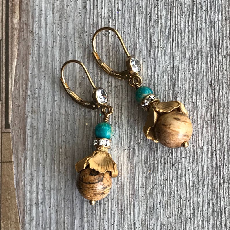 Turquoise and gold earrings, Non-Allergy, Gold Filled Ear Wire, Gold Dangle, Bridesmaid earrings by MeyerClarkCreative image 1