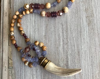 New Tribal Necklace, Faux ivory pendant, Purple gemstones, Pink Swarovski crystal, Gold chain, Rare Tanzanite, Ultra Violet 2018, Boho Style