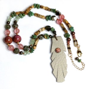 Leather Feather, Hand-Knotted Necklace, New Tribal Style, Natural Turquoise, Natural Materials, and Pink Quartz. image 1