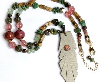 Leather Feather, Hand-Knotted Necklace, New Tribal Style, Natural Turquoise, Natural Materials, and Pink Quartz.