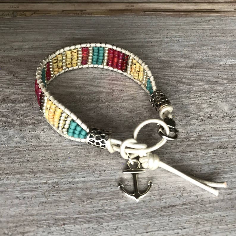 Nautical Striped Bracelet. Beautiful Leather Wrap Seed Beads image 0