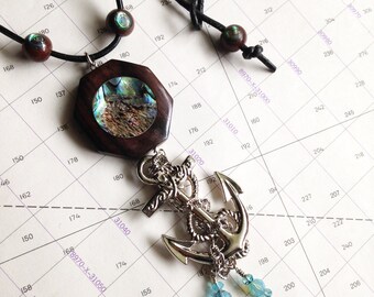 Abalone Anchor Pendant Necklace: Mahogany & Leather Nautical Jewelry