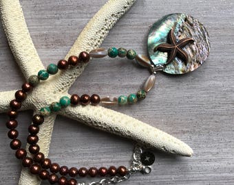 Abalone Seashell Pendant Necklace with Brown Salt Water Pearls, Starfish Charm, Mother of Pearl, Gemstone  Beads,