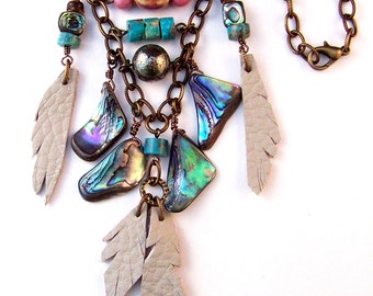 Abalone Shell Leather Feather Necklace: Turquoise Boho Jewelry