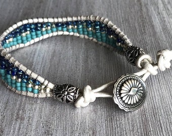 Handcrafted Seed Bead Leather Wrap Bracelet: Western Style Button
