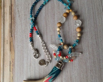 Painted Tusk Necklace, healing quartz points, polymer clay, earth tone beads, natural gemstone, polymer tusk, red, white, blue