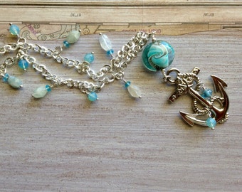 Nautical Anchor Necklace: Art Beads, Aquamarine Gemstone, Silver Chain