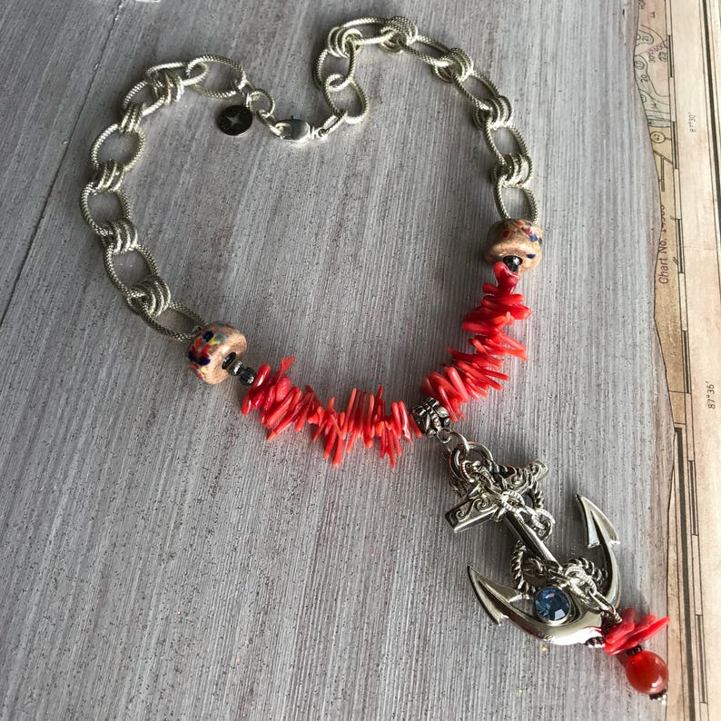 Anchor Necklace Big Anchor Pendant Red Coral Fingers Large Etsy
