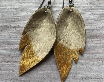 Hand Cut and Painted Leather Feather Earrings in Metalic Gold. Hypoallergenic