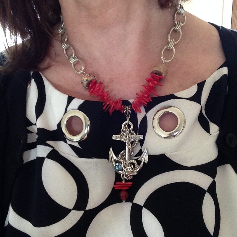 Anchor Necklace Big Anchor Pendant Red Coral Fingers Large Etsy