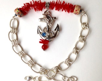 Anchor Statement Necklace: Red Coral, Ceramic Beads, Silver Chain