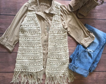 Spring Sale, Boho cream crocheted fringe vest, fall, knit, Festival accessory, s, m, small, medium, ladies, women's, juniors, 2, 4, 6, 8, 10