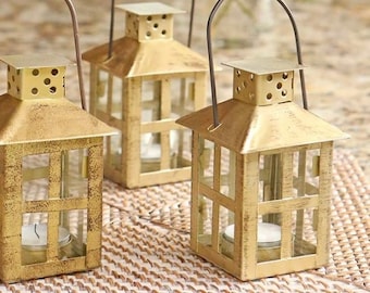 Set of 48 gold metal mini lanterns with battery operated tea lights,  golden anniversary, 50th, centerpieces, wedding reception decor, gift
