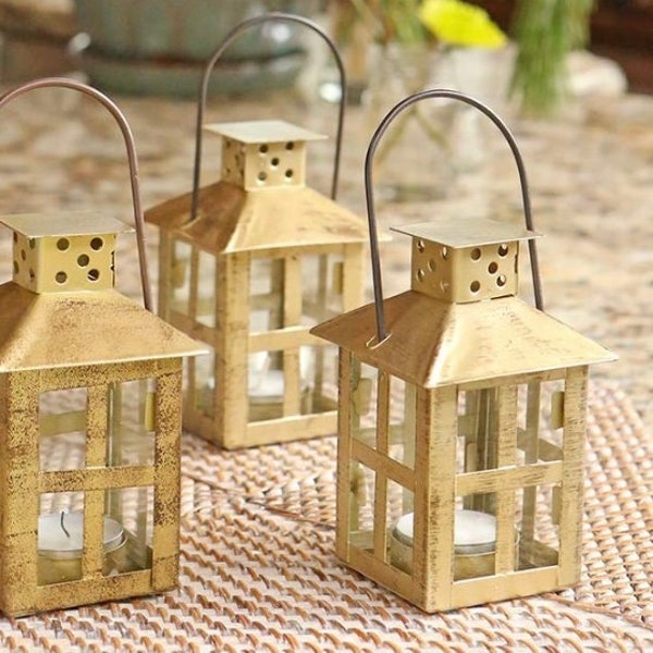 Ensemble de 12 mini-lanternes en métal doré, faveur de mariage, anniversaire doré, 50e, centres de table, décor de réception de mariage, cadeau
