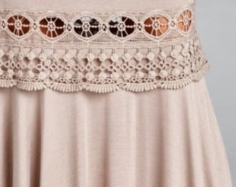 Tall, extra long maxi skirt, sale ladies, women's, trendy, crocheted lace trim taupe, tan maxi skirt, long, boho, Small, Medium, Large, knit
