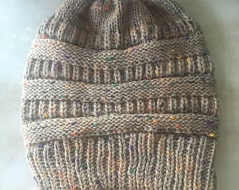 Monogrammed Ponytail Beanie, Adult, Messy Bun, Winter Sale, Cream, Knit, Personalized, speckled, confetti, cc hat, Girls, Teens, Birthday,