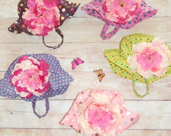 Sale, Little girls shabby chic polka dot flower sun hats, toddler, baby, boho, pink, brown, denim, green, 18-24 months, age 1, 2, 3, 4, 5, 6