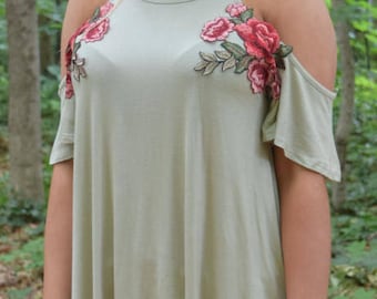 Open cold shoulder, s, m, l, swing top, rose patch, floral applique, summer, short sleeve, festival, boho, black, blush, peach, sage, trendy