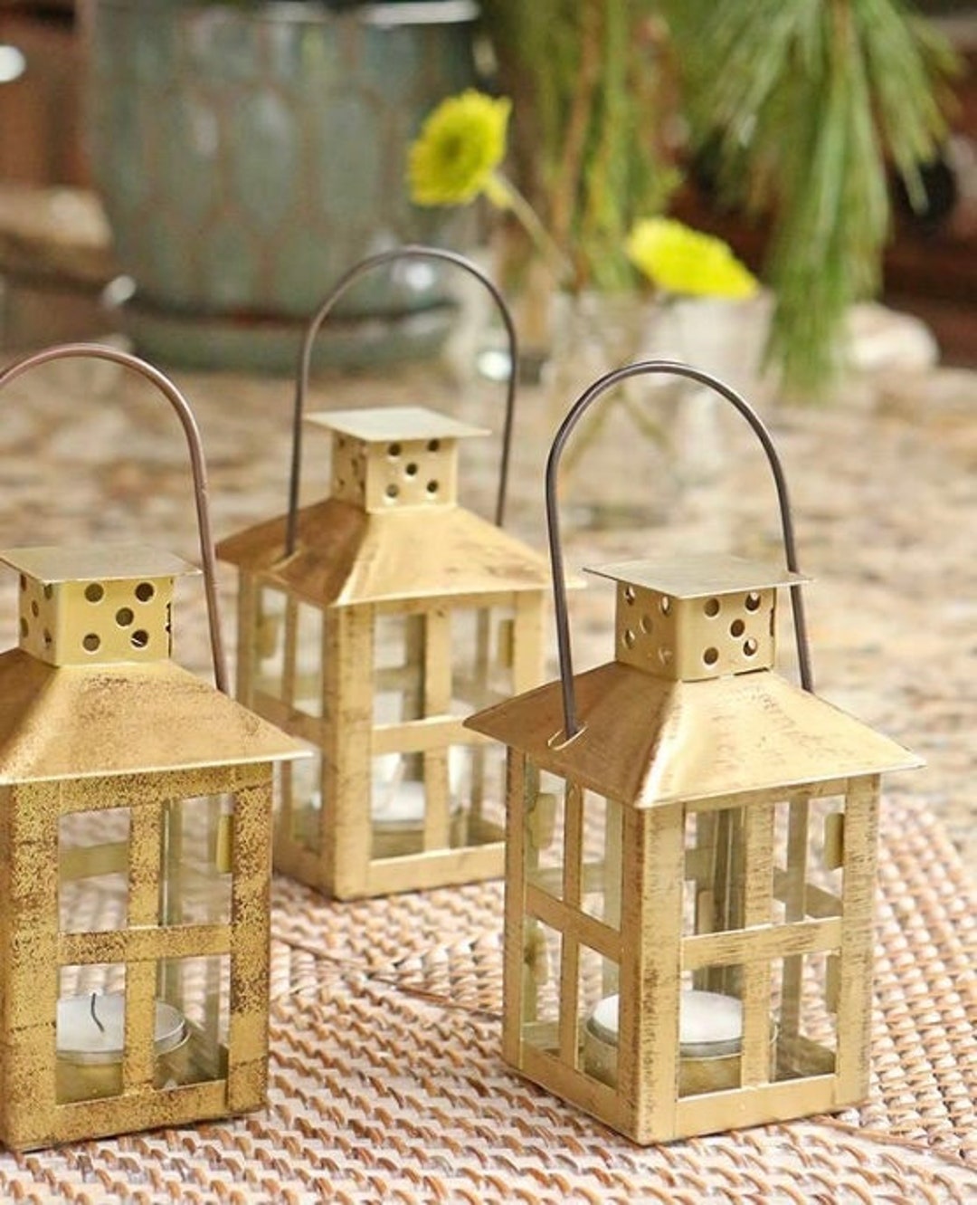 Set of 12 Gold Metal Mini Lanterns, Wedding Favor, Golden Anniversary
