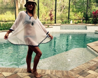 Boho, pom pom coverup, swimsuit, bathing suit, white, royal blue, sheer, small, ladies, women's, teens, boho, summer, beach, lightweight