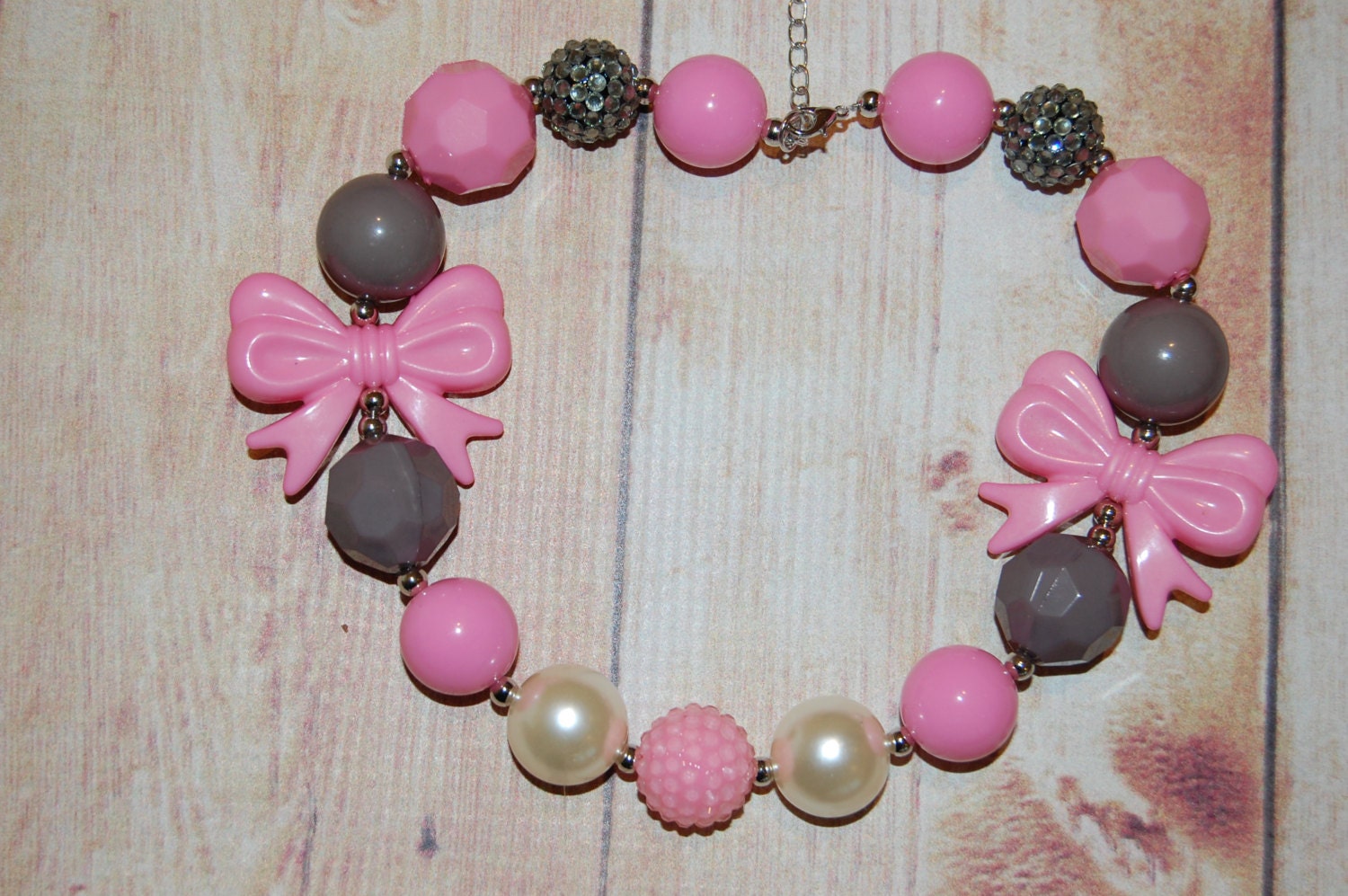 Girls Gumball Bow Necklace Pink Cream Pearl Grey Bubblegum Etsy