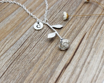 Silver or Gold Rose Necklace with Initial, Bridesmaid Gift, jewelry, teen girl, beauty and beast, mom, gift for her, mothers day, christmas