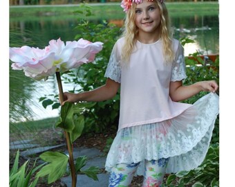 Summer Sale, Little Girl's Light Pink Lace Hem high-low Tunic Top, Boho, Trendy Dress up, Sizes 4T, 5T, 6, 7, 8, 9, 10, Wholesale, Clearance