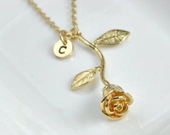 Sale, Valentine's, mom, Gold Rose Necklace with Initial, 18 inch, Bridesmaid Gift, jewelry, teen girl, beauty and beast, mom, gift for her