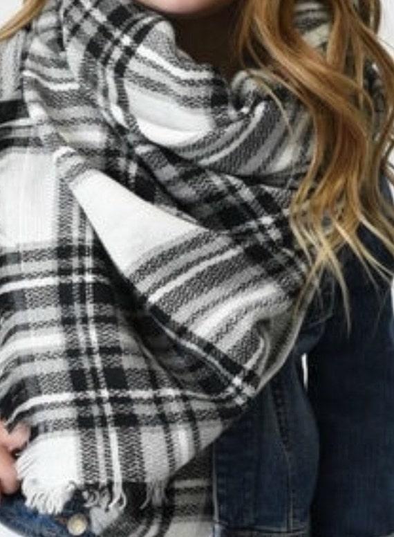 Sale Trendy Plaid Blanket Scarf Full Size Fringe Black White