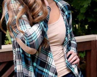 Size Small, Fall, Plaid elbow patch cardigan, open, faux  suede trim, Christmas  gift, fall, winter, s, women's, teens