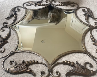 Large Antique wrought iron  mirror, beveled glass, 34", bronze frame, retro, vintage mirror, sturdy, metal, bedroom vanity, bathroom