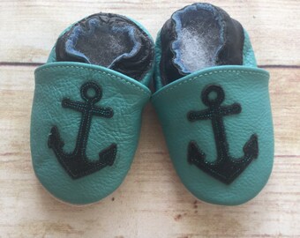Bright blue, Aqua, turquoise leather baby toddler anchor moccasins, nautical embellished crib shoes, infant