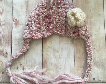 Infant, newborn, winter hat, knit bonnet, mauve, pink, blush, cream, flower, photo prop, baby girl