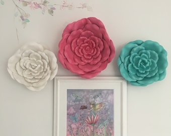 Large wall flowers, 15” decorative, 3D, die cut, nursery, girl’s bedroom, backdrop, mural, shower, door decor, diy, creative, floral, easy