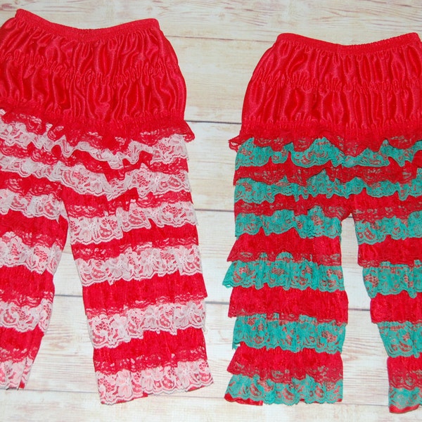 Ready to ship, Holiday SALE, :)) Toddler, Girl's Christmas Lace Ruffle Pettipants, Baby, Pants, Red, Green, White, 1t, 2t, 3t, 4t