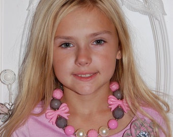 Girls Gumball Bow Necklace, Pink, Cream Pearl, Grey Bubblegum, Chunky Bead, Infant, 2t, 3t 4t 5 6 7